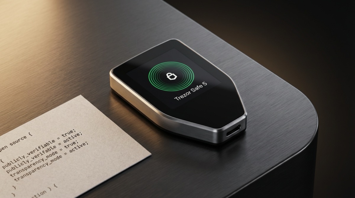 Trezor Safe 5 hardware wallet on brushed metal surface with open source code